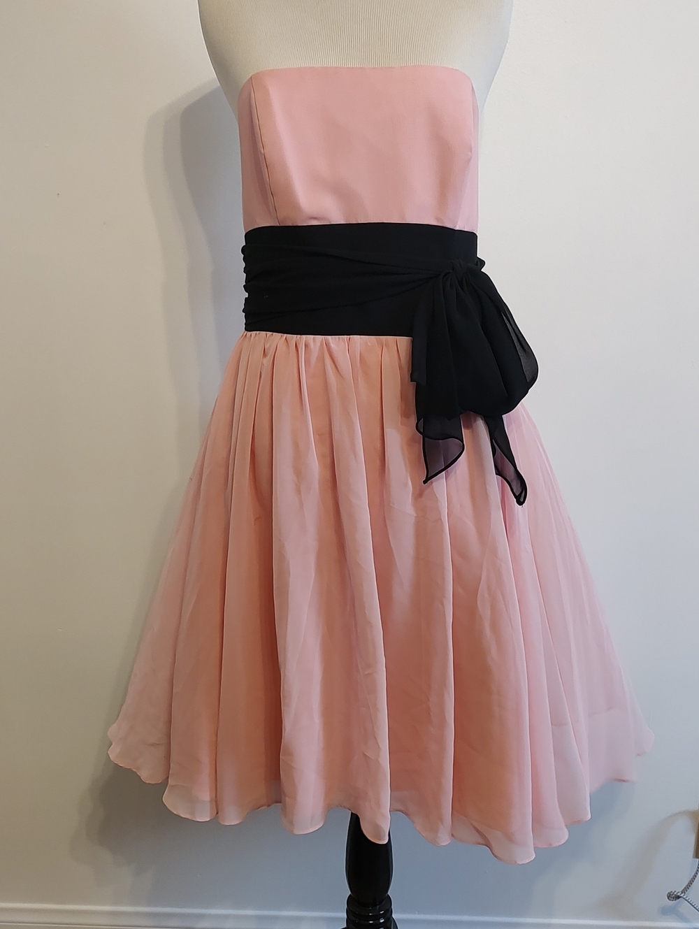 Alfred Angelo Blush Pink Strapless Dress with Black Sash